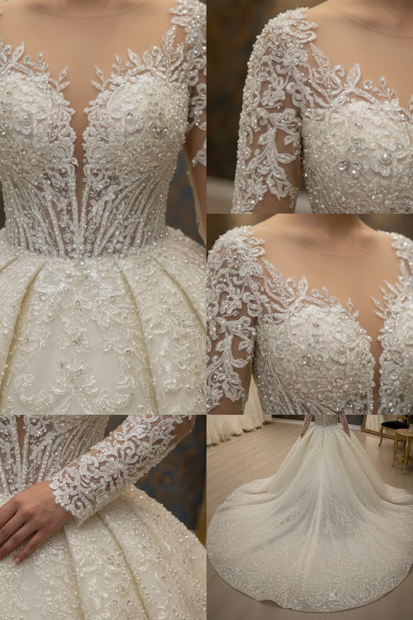 NIL-019 Off White Ivory Royal Princess Ball Gown detail craftsmanship collage by NIL Wedding Dress
