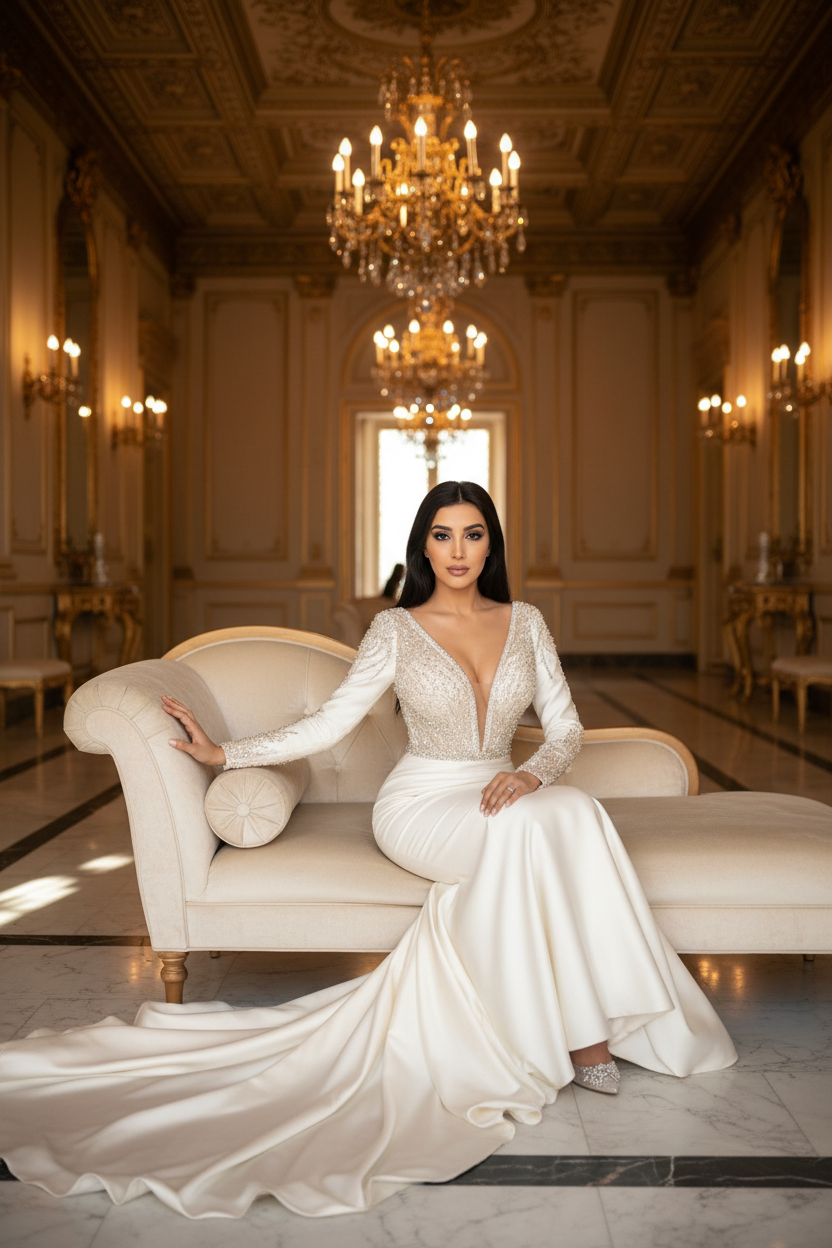 NIL-092 Soft Ivory Mermaid Couture Gown – Seated Pose