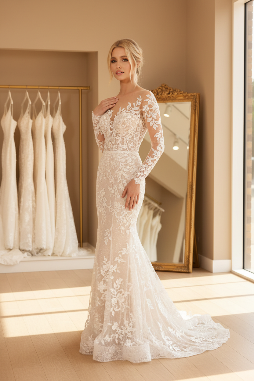 NIL-086 Nude Illusion Embroidered Gown – 3/4 Angle