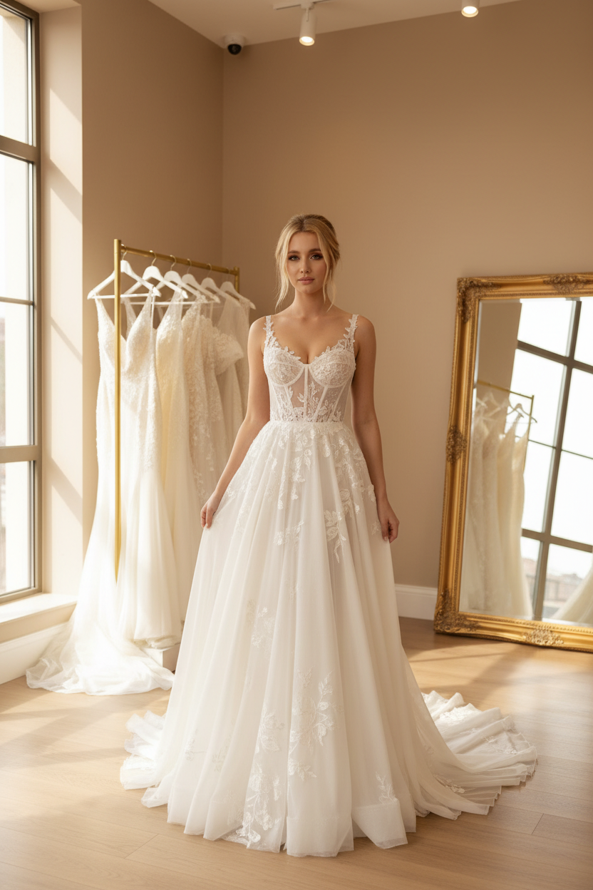 NIL-039 Romantic A-Line Lace Gown – Front View