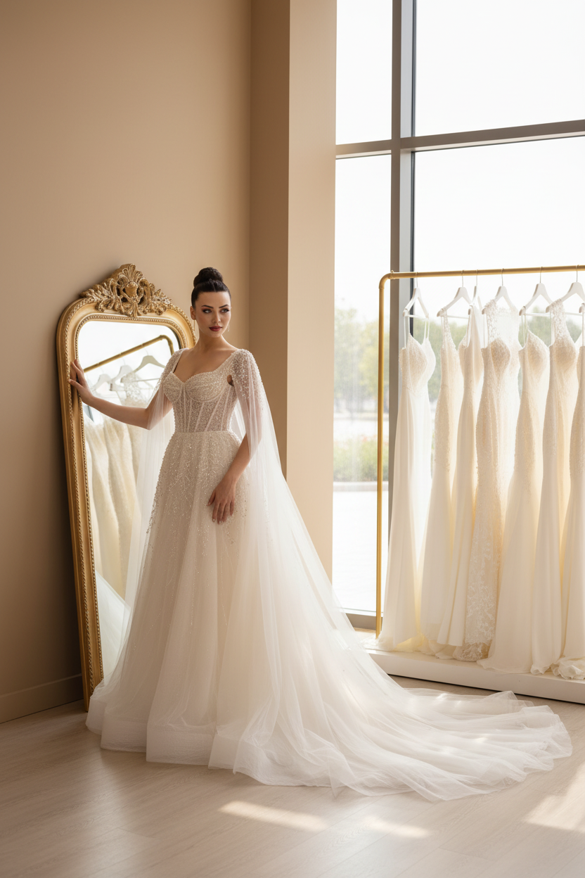NIL-047 Royal Cape Sleeve Gown – Corner/Diagonal View