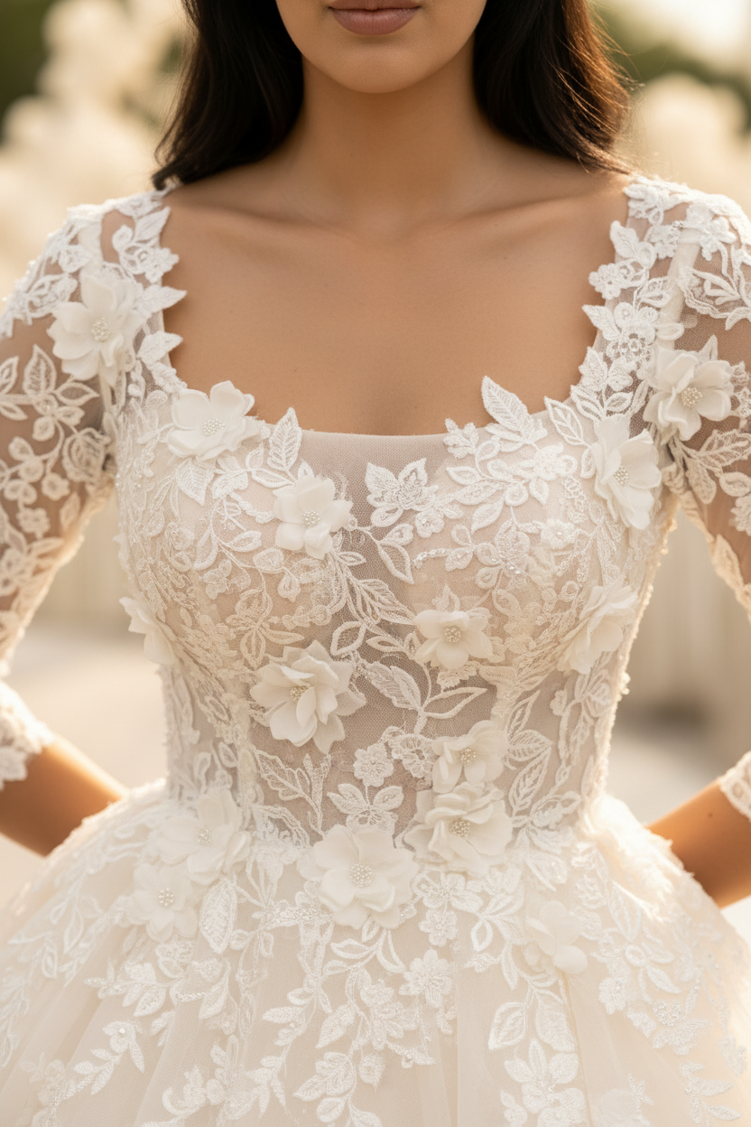 NIL-093 Off White Ball Gown Modest Bridal Dress – Detail View