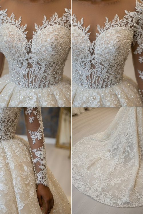 NIL-017 Champagne Ivory Royal Princess Ball Gown detail craftsmanship collage by NIL Wedding Dress