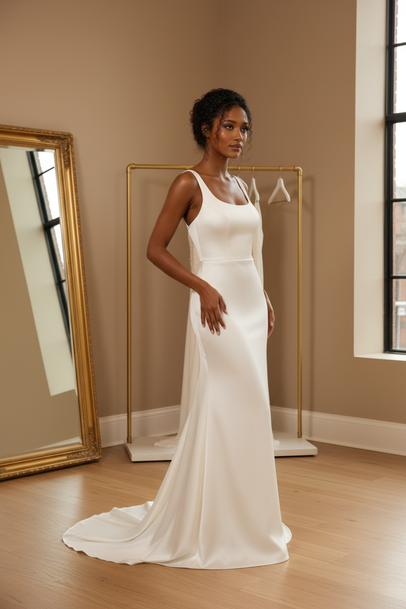 NIL-041 Very Simple Satin Fitted Gown – 3/4 Angle