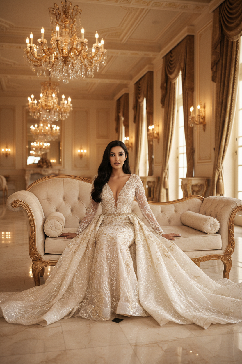 NIL-094 Ivory Trumpet Couture Gown – Seated Pose