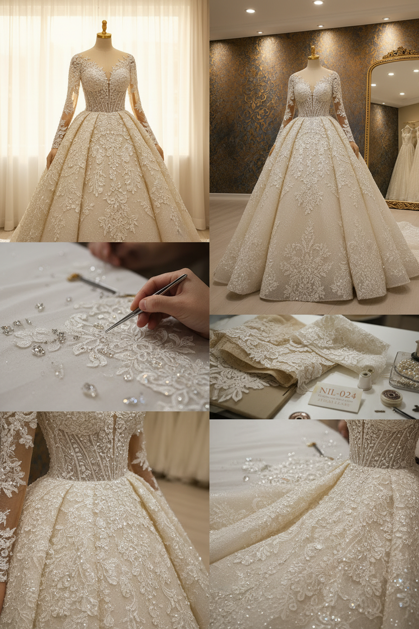 NIL-024 Champagne Ivory Royal Princess Ball Gown atelier collage by NIL Wedding Dress