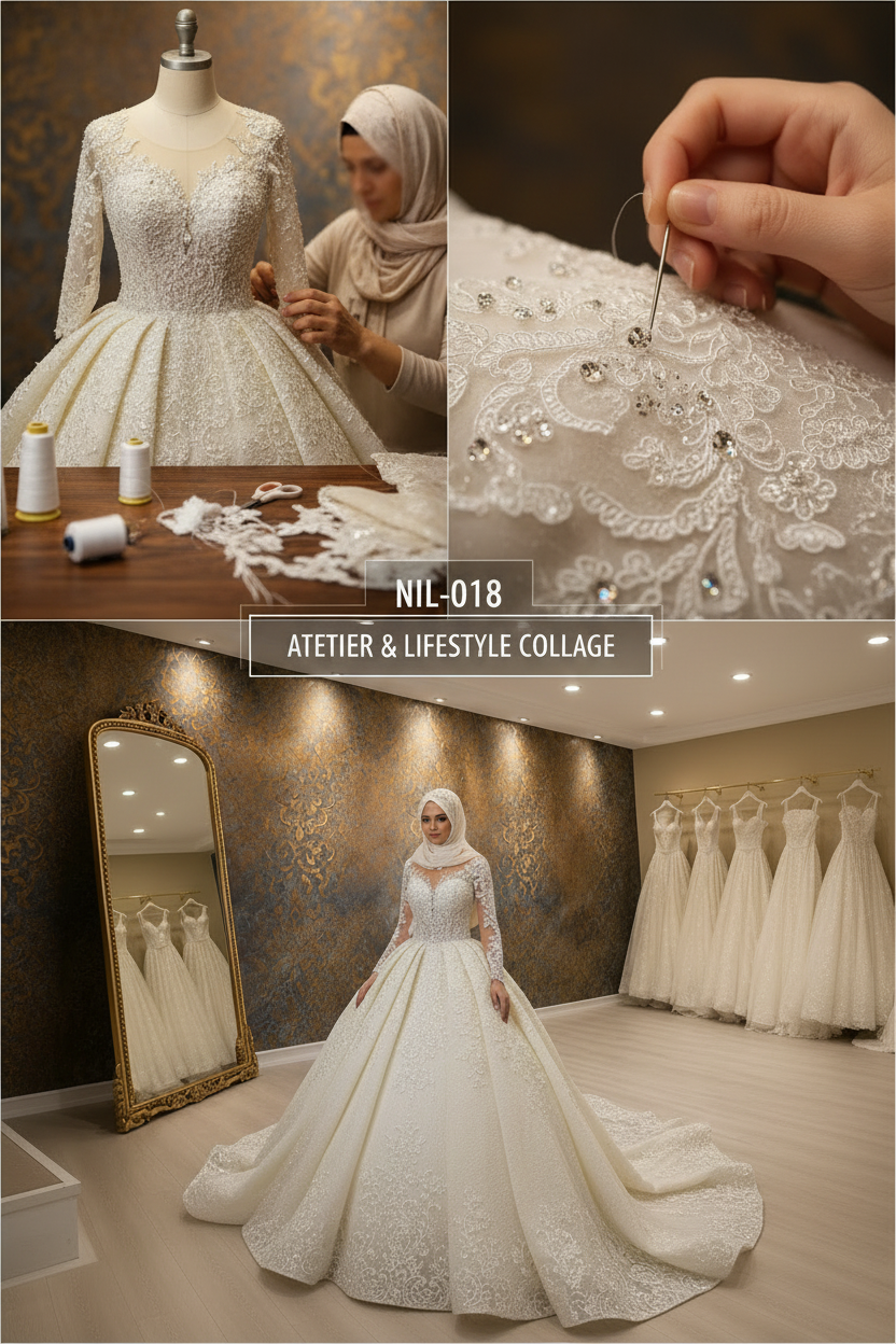 NIL-018 Soft Ivory Royal Princess Ball Gown atelier lifestyle collage by NIL Wedding Dress