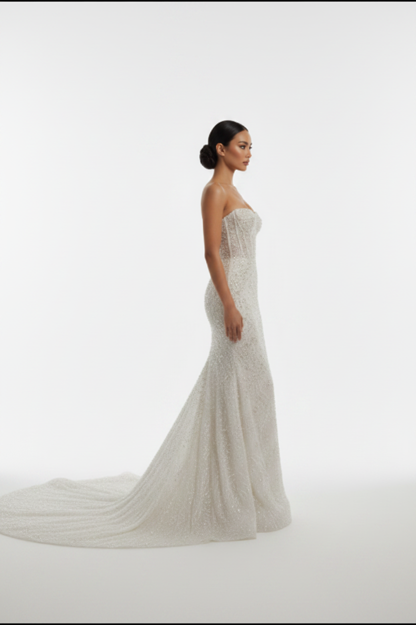 NIL-119 Royal Ivory Cathedral Train Wedding Dress – Side View