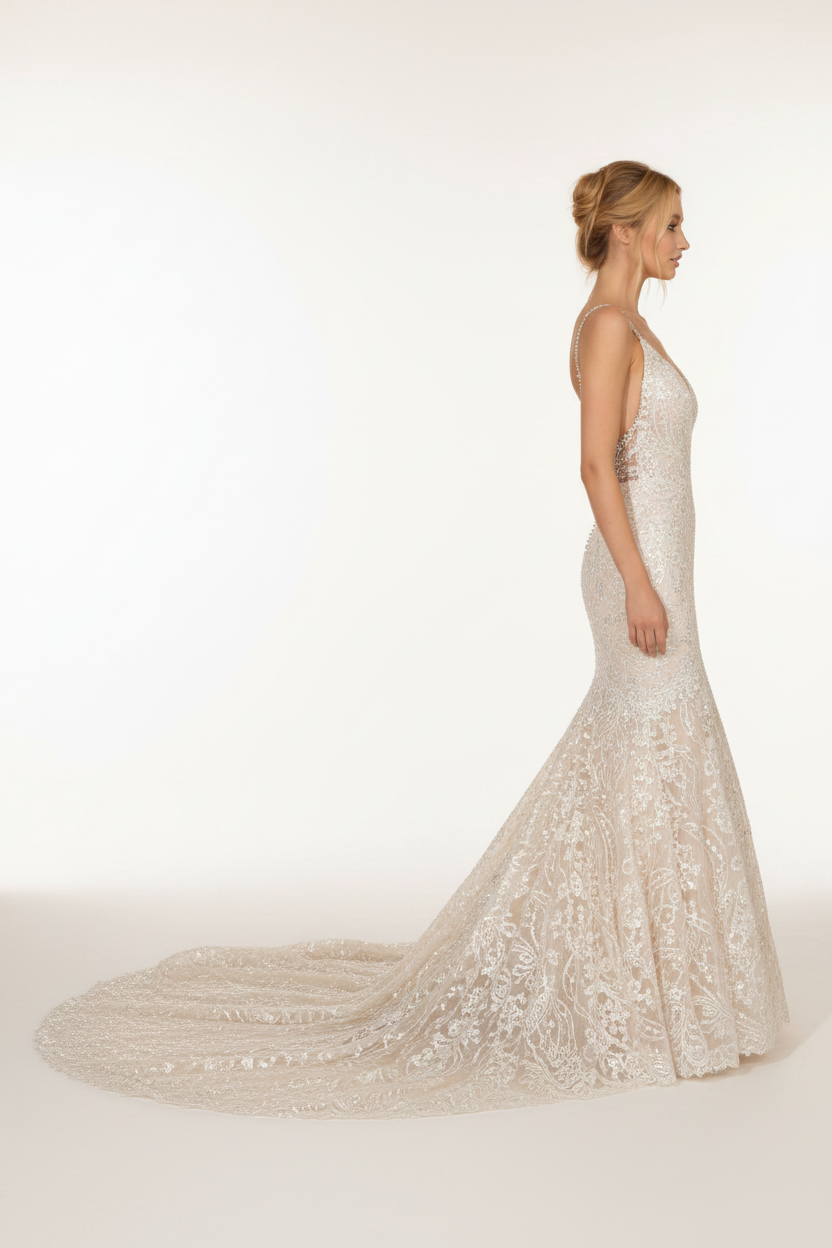 NIL-125 champagne ivory mermaid wedding dress side view with dramatic silhouette by NIL Wedding Dress
