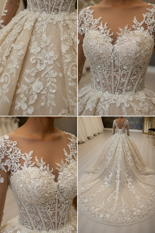 NIL-020 Champagne Royal Princess Ball Gown detail craftsmanship collage 3D floral lace by NIL Wedding Dress