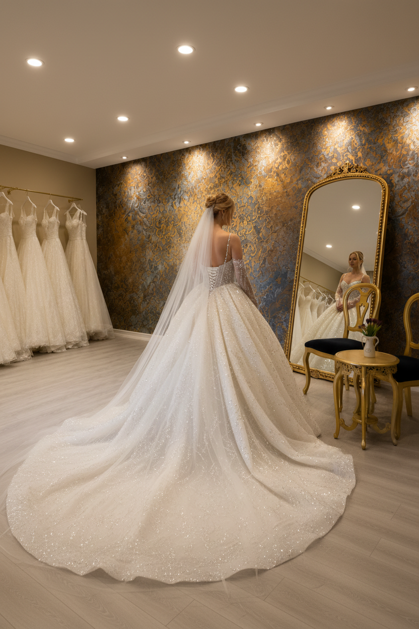 NIL-252 Full Sequin Crystal Ball Gown – Back View, Cathedral Train