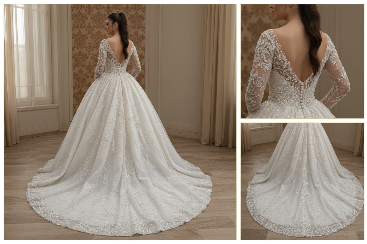 NNC-004 Off White Princess Ball Gown – Back View with Cathedral Train Detail – NIL Wedding Dress
