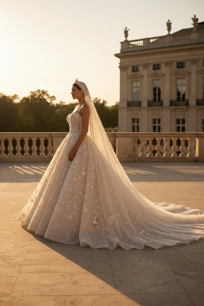 NIL Champagne princess lace wedding dress full length side profile silhouette NNC104