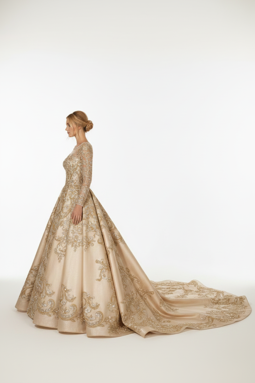 NNC-107 Champagne Royal Ball Gown - Side Profile