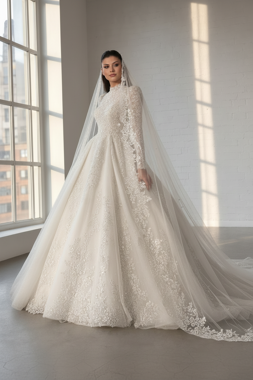 NIL-243 – Voluminous Lace Ball Gown with Chapel Veil | High Neck | Long Lace Sleeves | Modest Couture