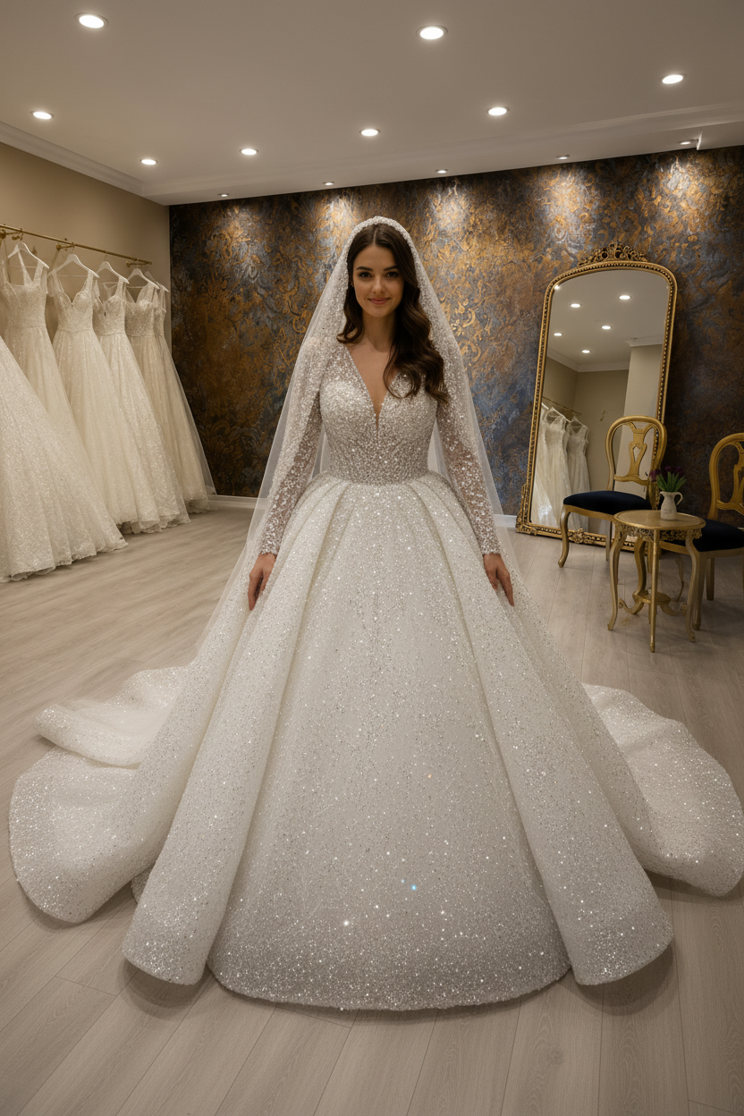 NIL-255 All-Over Sequin Crystal Ball Gown – Front View