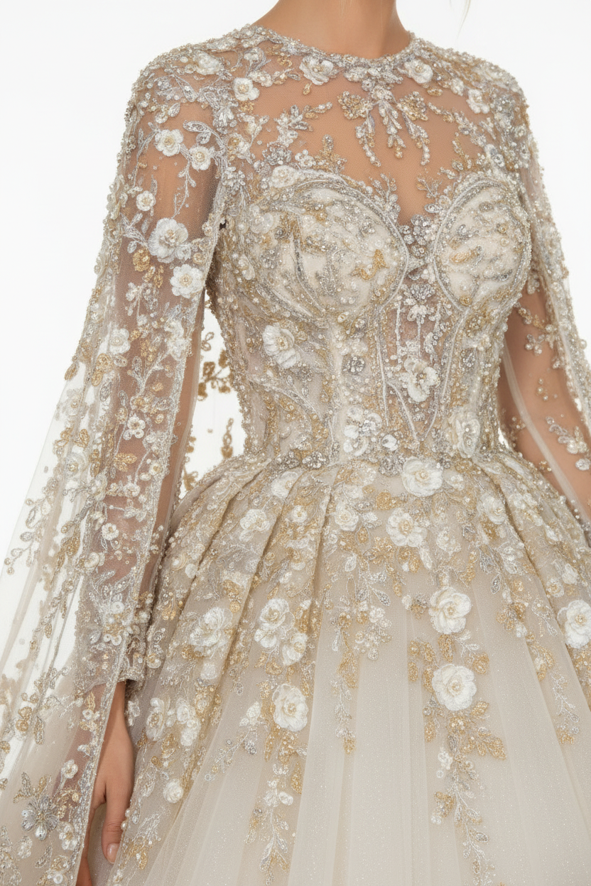 NNC-109 Ivory Princess Cape - Embroidery and Floral Motif Detail