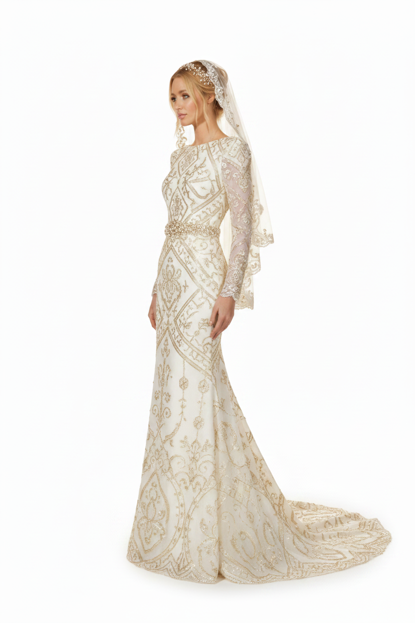 NNC-108 Cream Modern Mermaid Bridal Gown - Side Profile