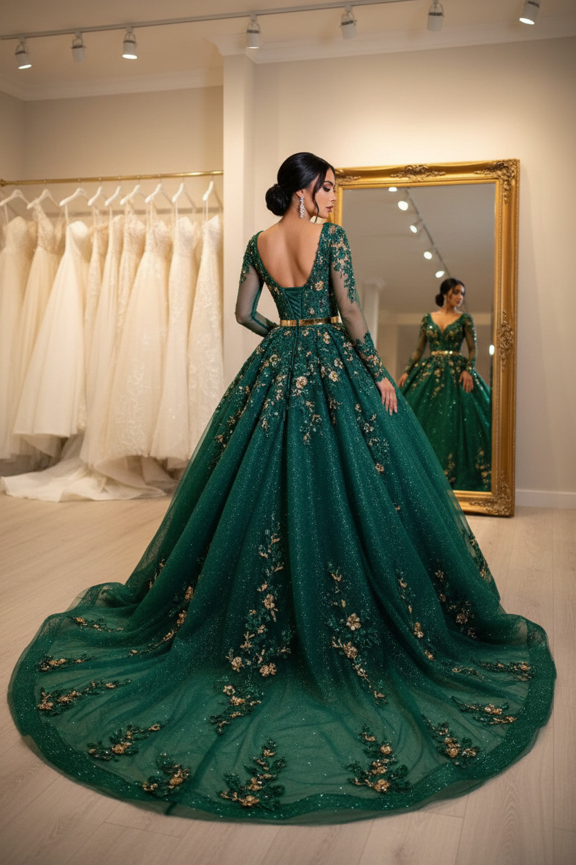 NIL-NS-003 Emerald Green Gold Crystal A-Line Engagement Dress - Back View
