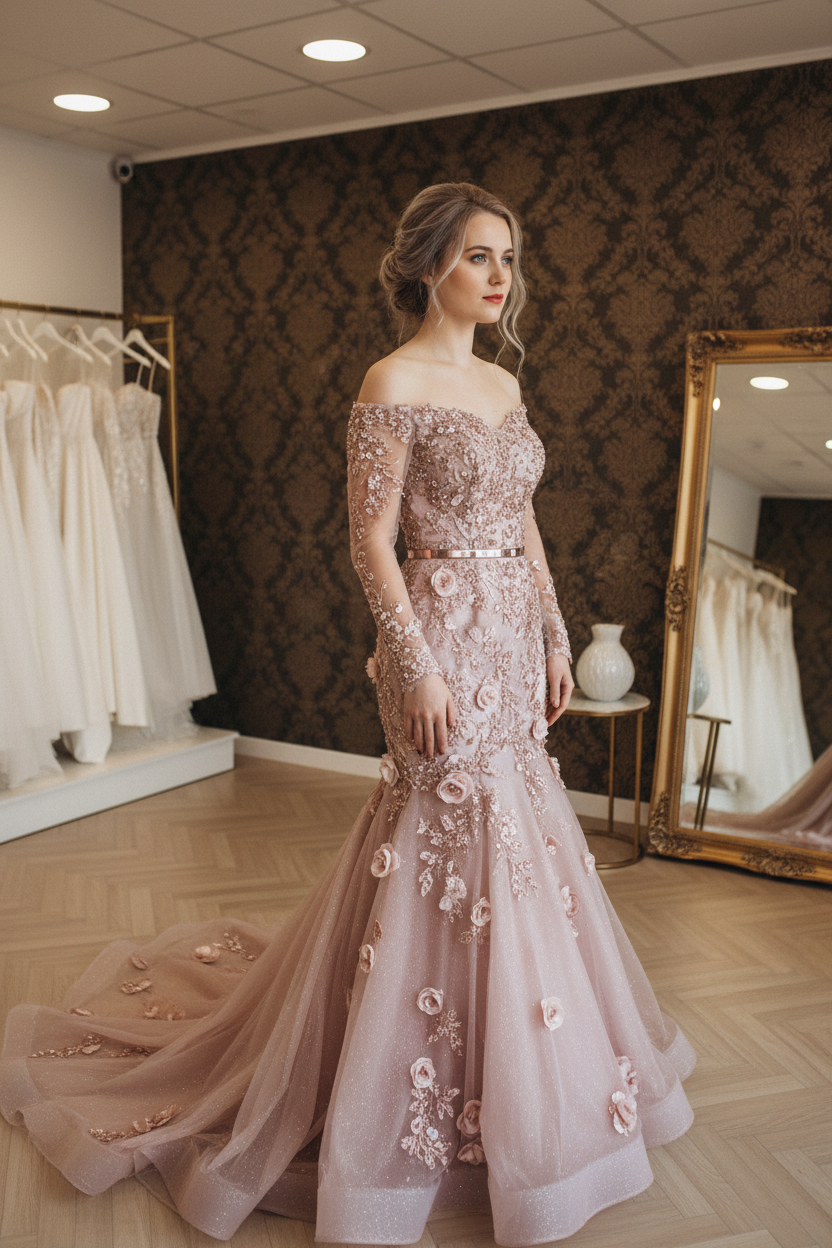 NIL-NS-239 Dusty Rose Blush Crystal Fit-and-Flare Engagement Dress - Front View