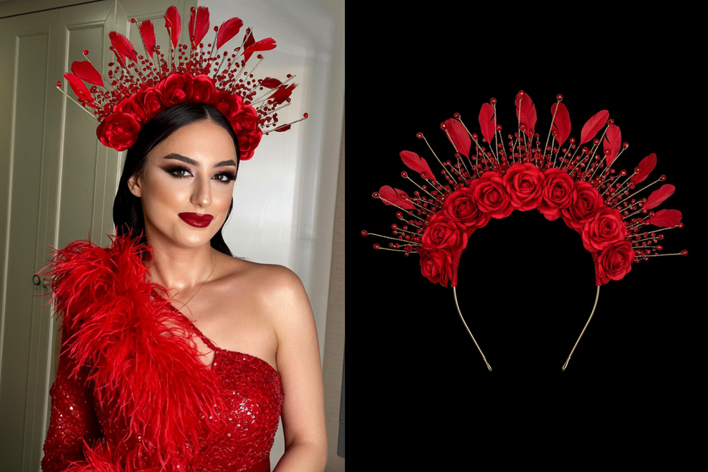 Red rose crystal party crown collage - model and product