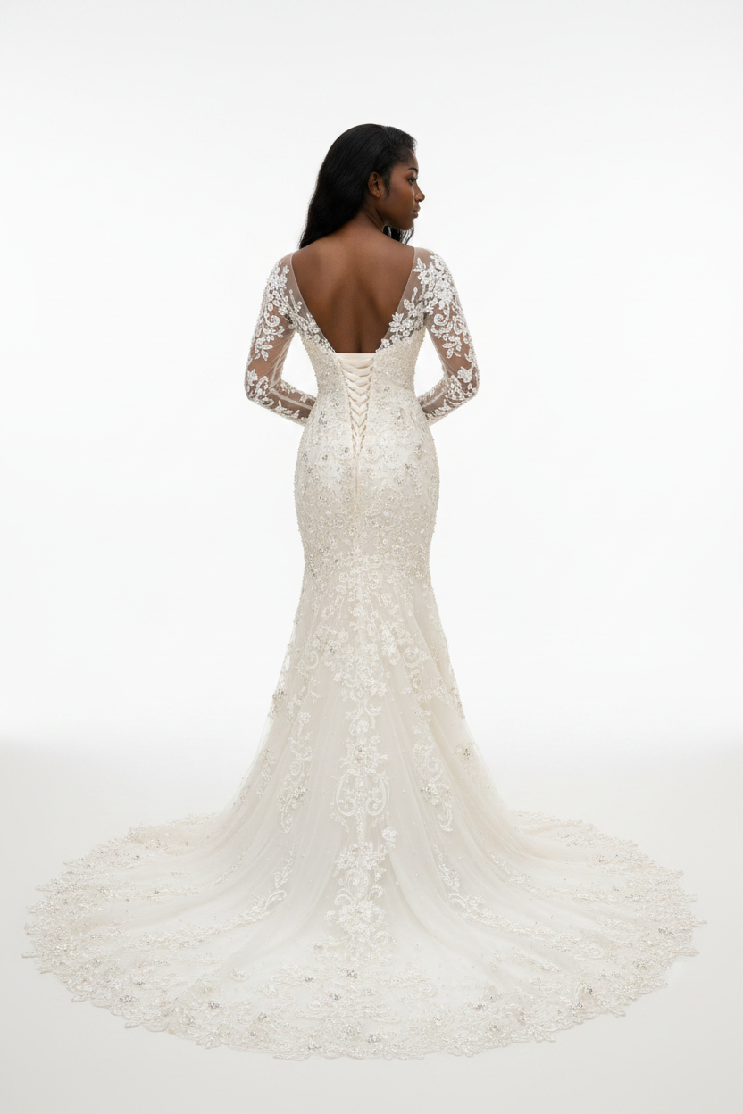 NIL-122 soft ivory mermaid wedding dress back view with chapel train by NIL Wedding Dress