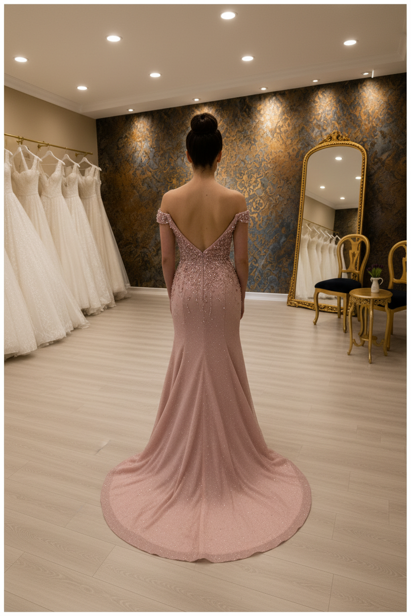 NIL-NS-249 Dusty Rose Pearl Crystal Fit-and-Flare Engagement Dress - Back View