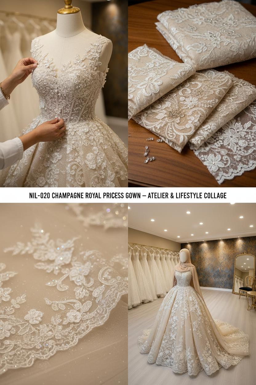 NIL-020 Champagne Royal Princess Ball Gown atelier lifestyle collage by NIL Wedding Dress