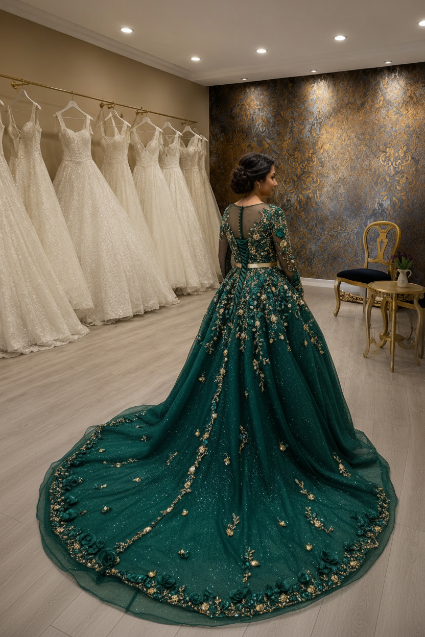 NIL-NS-240 Emerald Green Gold Crystal Princess Ball Gown Engagement Dress - Back View