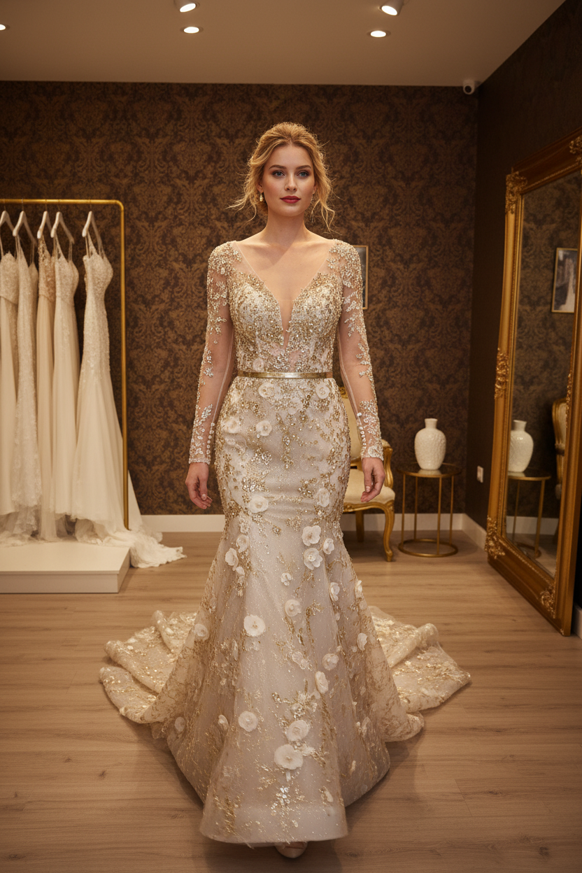 NIL-NS-237 Champagne Gold Crystal Trumpet Engagement Dress - Front View