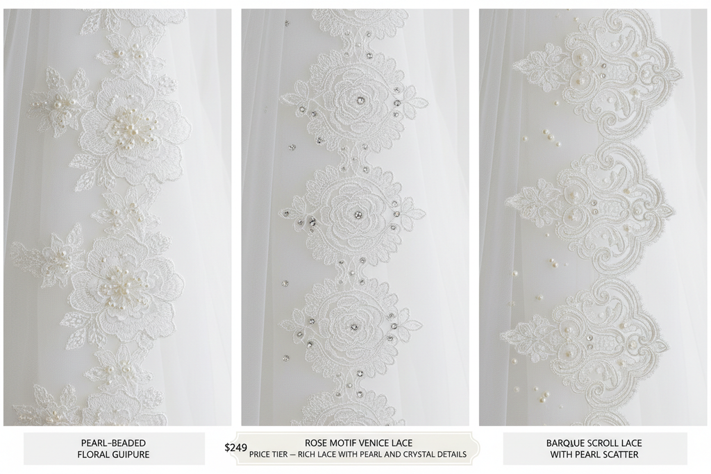 Three pearl lace edge options: Floral Guipure, Rose Venice, Baroque Scroll