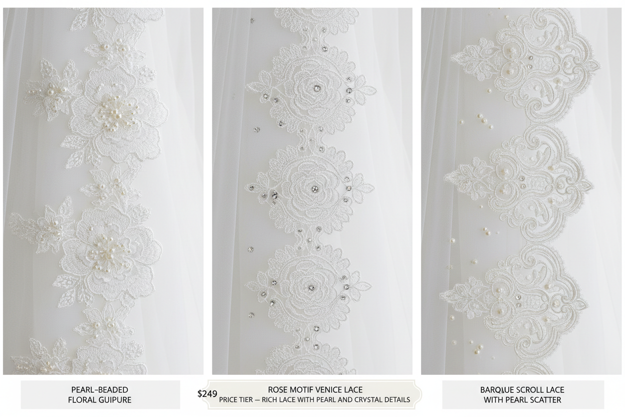 Three pearl lace edge options: Floral Guipure, Rose Venice, Baroque Scroll