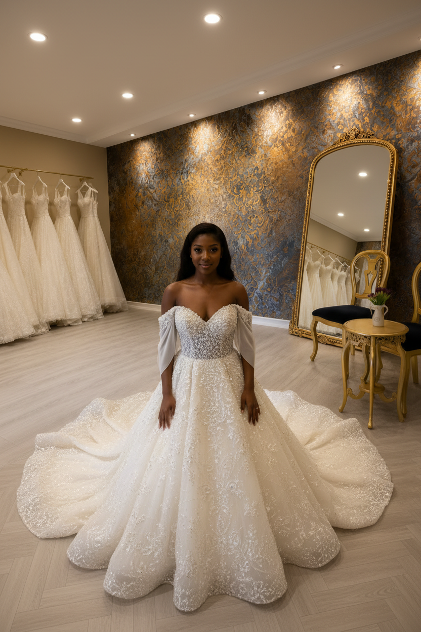 NIL-194 Cream Crystal Beaded Ball Gown – From Above – M5