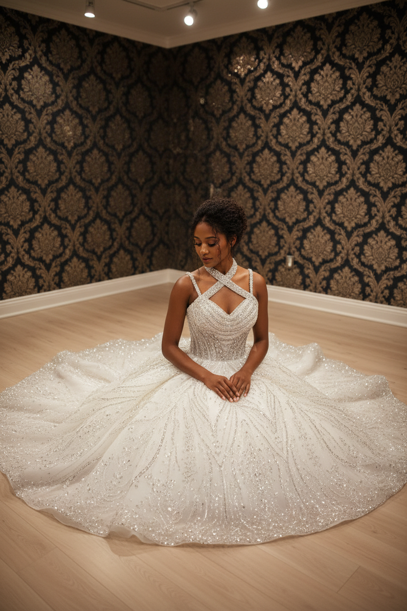 NIL-260 Crystal Cross-Strap Ballgown - Seated Pose