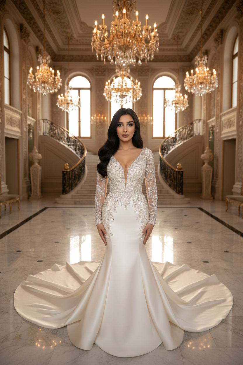 NIL-092 Soft Ivory Mermaid Couture Gown – Front View