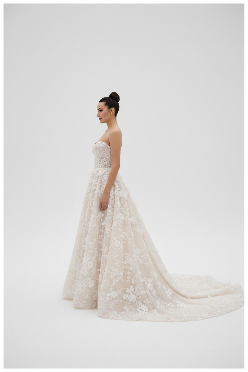 NIL-124 soft ivory A-line wedding dress side view with elegant silhouette by NIL Wedding Dress