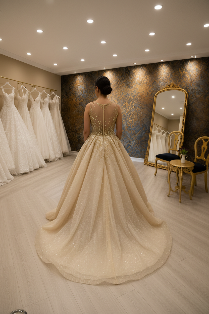 NIL-NS-247 Gold Champagne Crystal Princess Ball Gown Engagement Dress - Back View