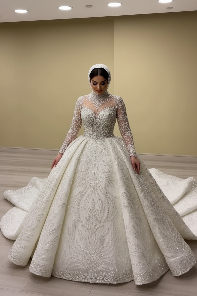NIL-040 – Champagne Princess Lace Bridal Gown with Sweetheart Neckline and Cathedral Train