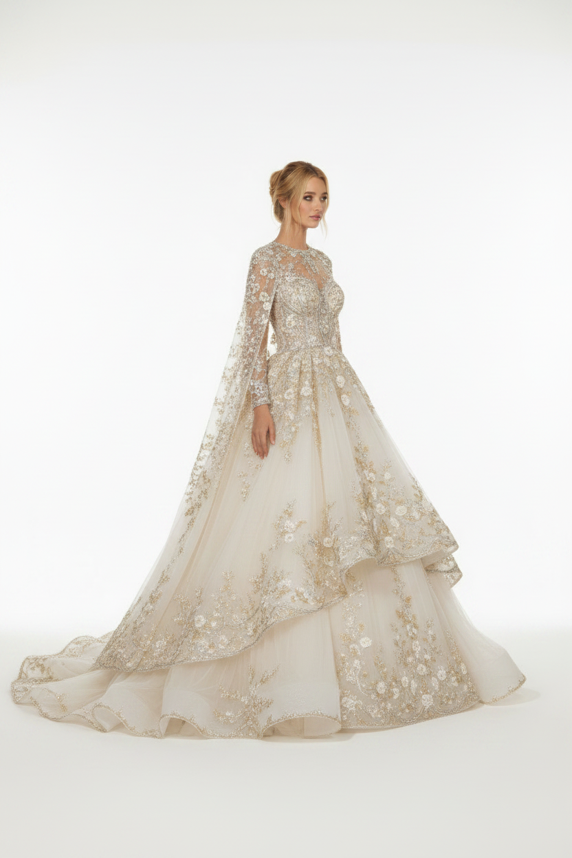 NNC-109 Ivory Princess Cape Bridal Gown - Three-Quarter View