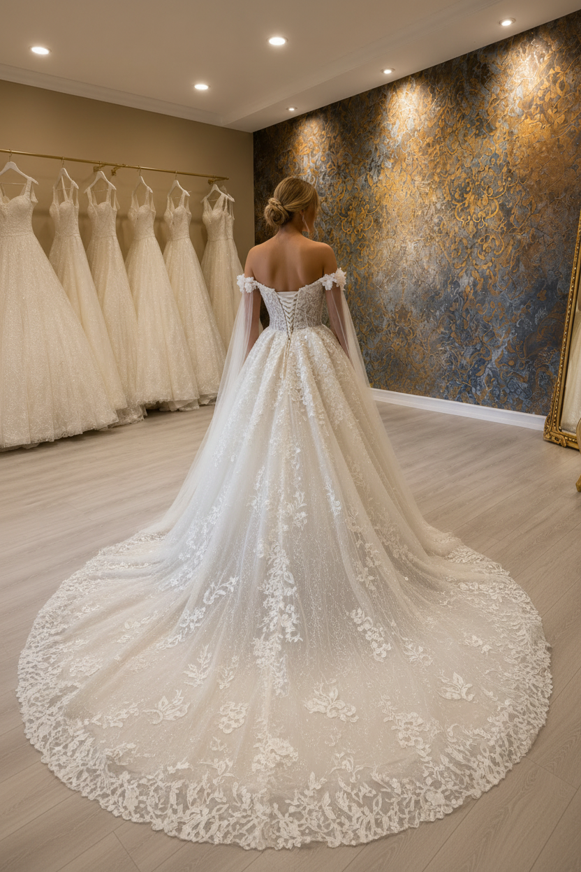 NIL-250 Off-Shoulder Lace Ball Gown – Back View, Cathedral Train