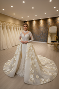 NIL-028 Off White Ivory Royal Princess Ball Gown Detachable Overskirt Hijab Style Front View