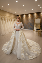 NIL-028 Off White Ivory Royal Princess Ball Gown Detachable Overskirt Hijab Style Front View