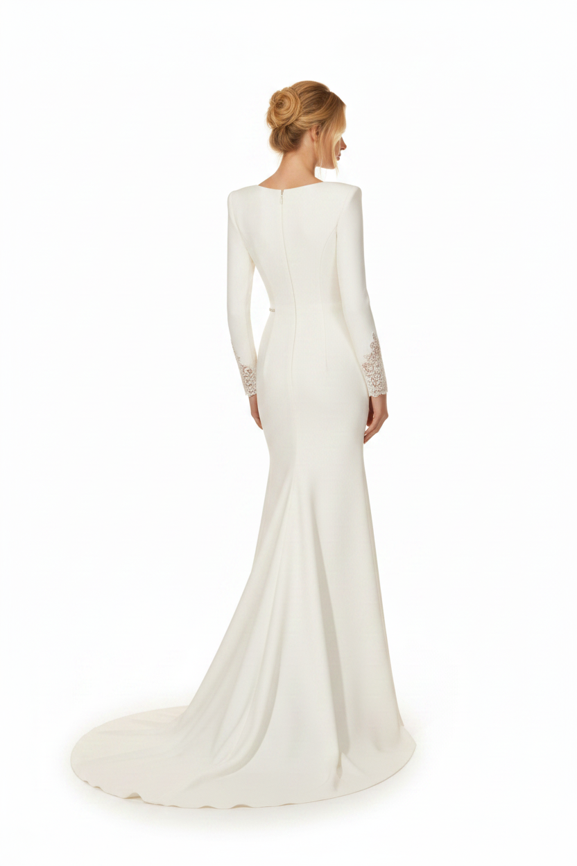NNC-108 Cream Modern Mermaid Bridal Gown - Back View with Chapel Train