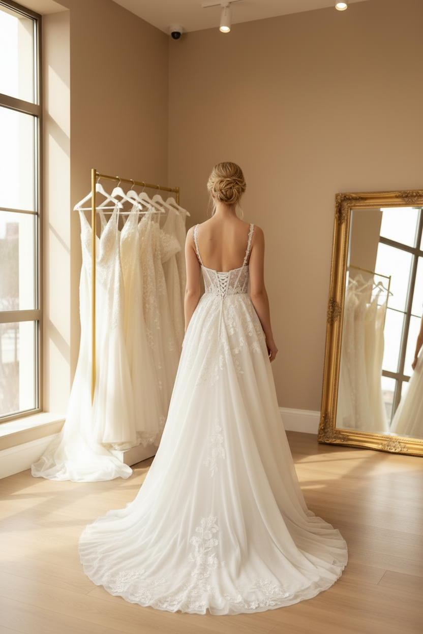 NIL-039 Romantic A-Line Lace Bridal Gown back view no veil by NIL Wedding Dress