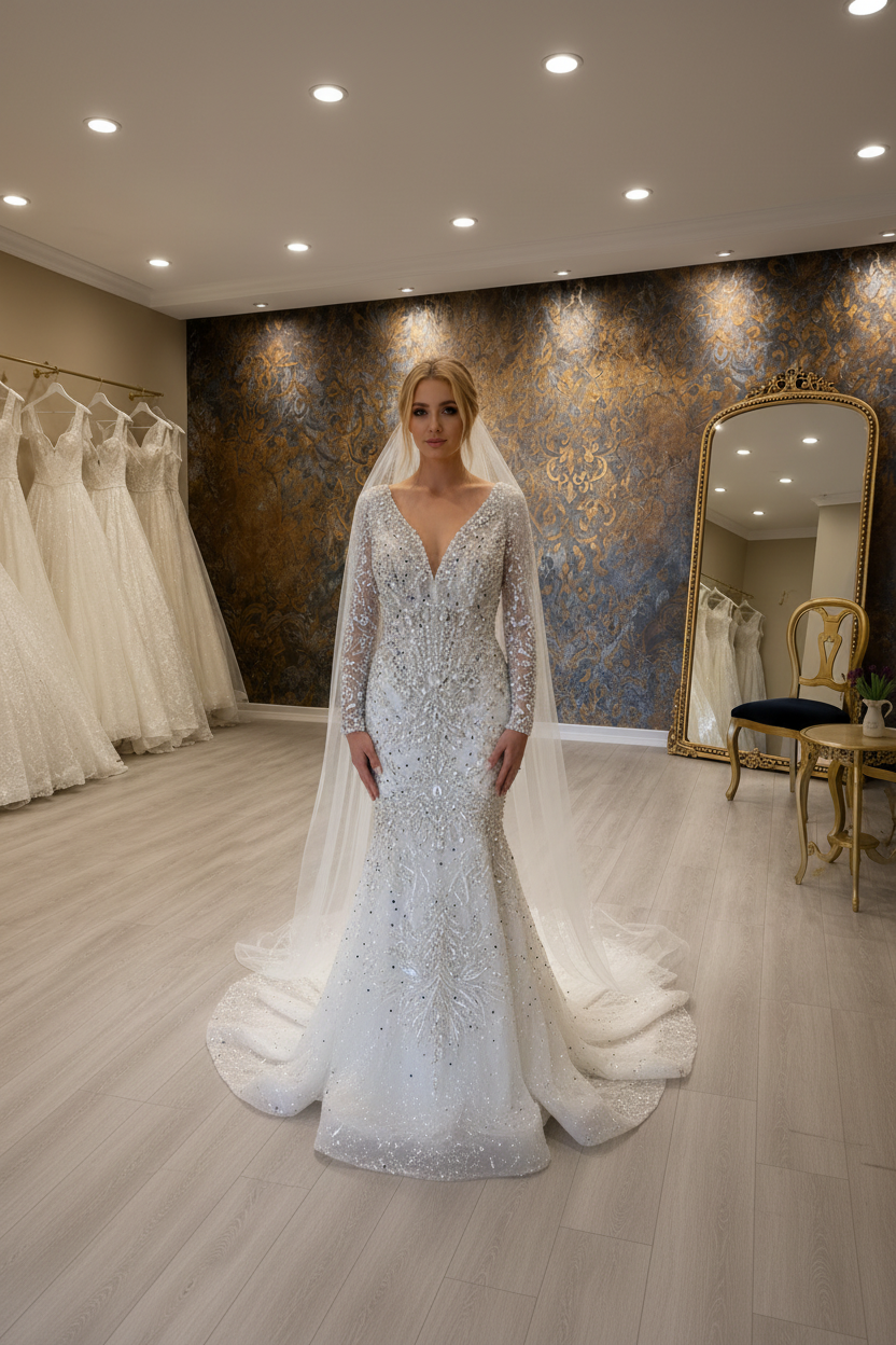 NIL-253 Crystal Pearl Mermaid Gown – Front View