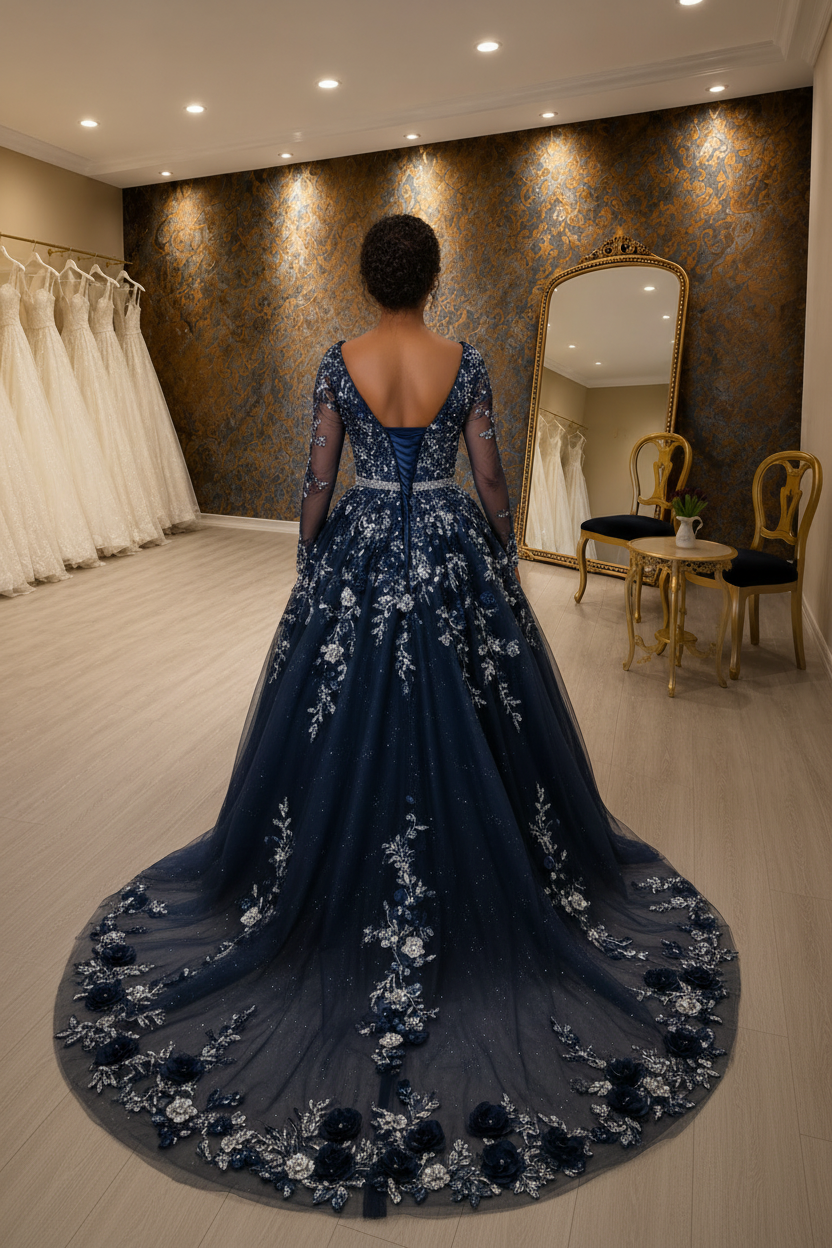 NIL-NS-243 Navy Blue Sapphire Crystal Ball Gown Engagement Dress - Back View