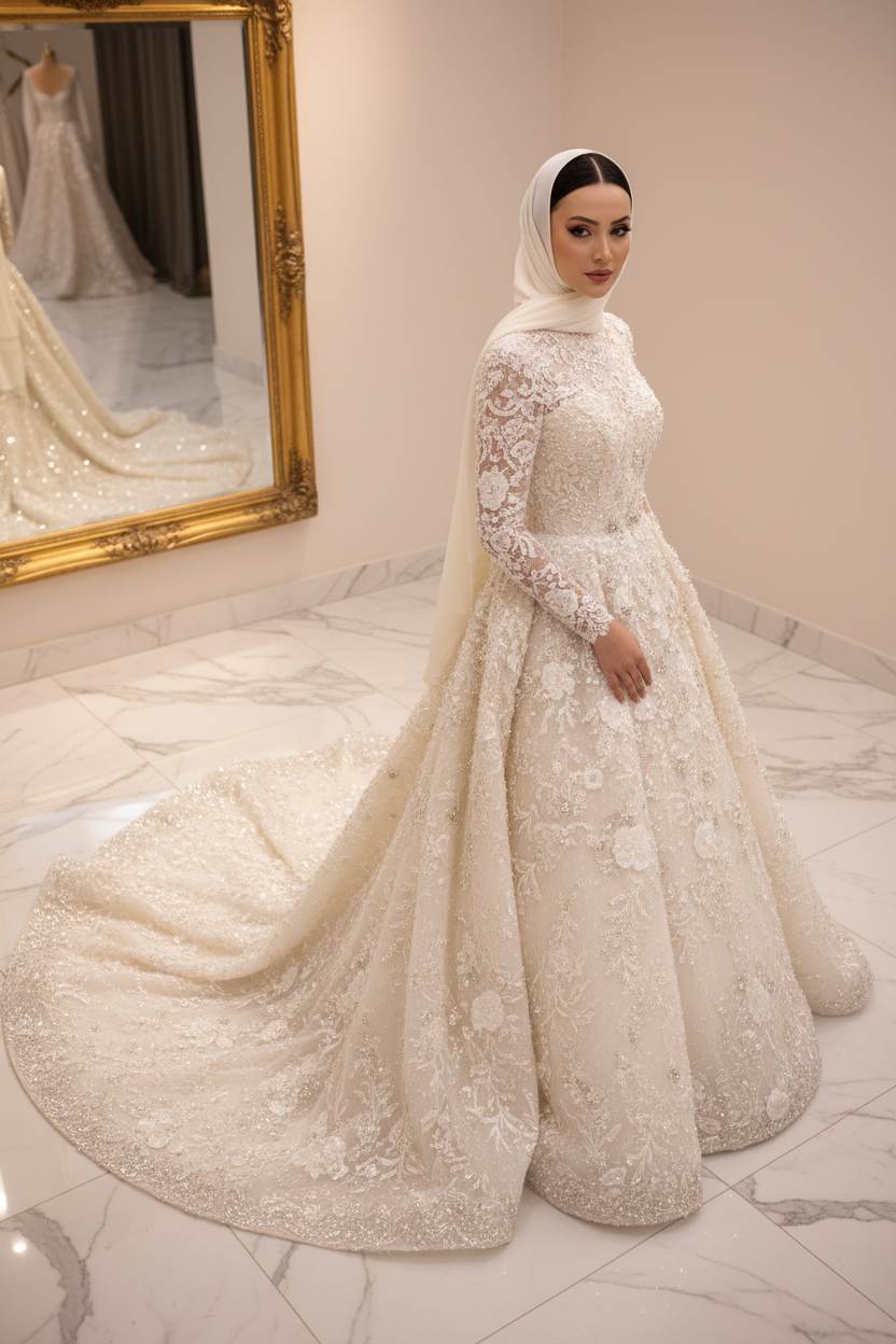 NIL-220 Hijab Wedding Dress - Corner Diagonal View