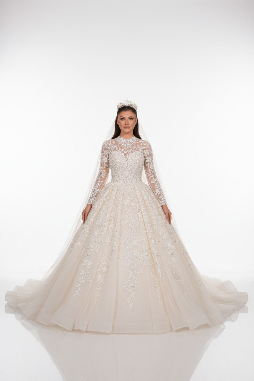 NIL-123 soft ivory princess ball gown front view with crystal beading high neckline by NIL Wedding Dress