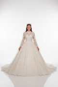 NIL-123 soft ivory princess ball gown front view with crystal beading high neckline by NIL Wedding Dress