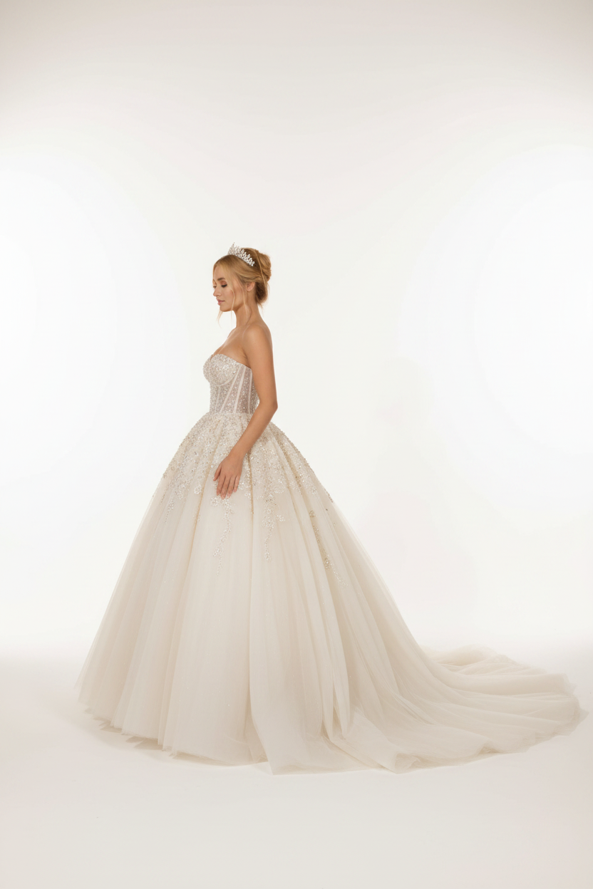 NIL-110 Soft Ivory Princess Ball Gown – Side View